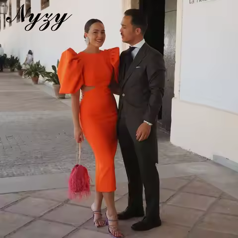 NYZY Elegant Cut-out Cocktail Dress Sheath Puffy Sleeves Women Orange Dress Tea Length Party Evening Gowns 2026 Customized