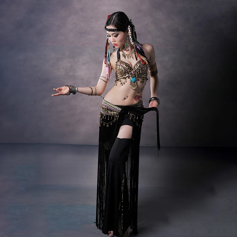 Nuevas mujeres ATS Tribal danza del vientre sujetador pañuelo de la cadera conjunto de disfraz puesta en escena gitana Top cinturón borlas 2 uds ropa 3 colores