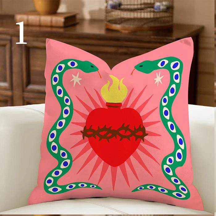 1pc Eclectic Pink Orange Pillowcase, Earth Tone Whimsical Folk Art Cushion, Dopamine Decor, Maximalist Throw Pillows, Colorful V
