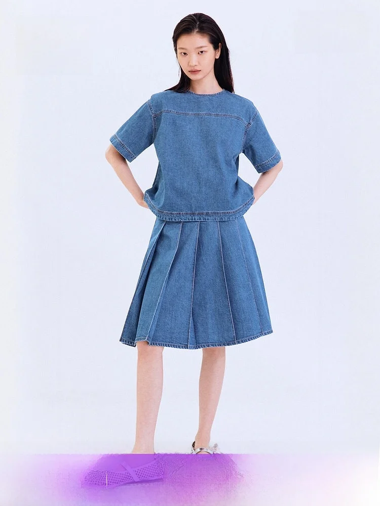 

H&M Women's Cotton Denim Shirt Summer New Style Casual Loose Fit Short Sleeve round Neck Pure Color Trendy Top 1328236