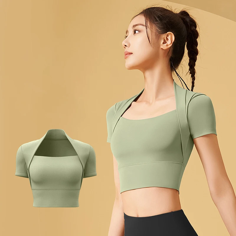 

High elastic nude shawl yoga wear women's quick-drying all-in-one bra yoga short sleeve outdoor sports fitness clothes