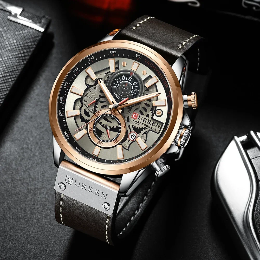 CURREN 8380 Mens Branded Luxury Casual Leather Strap Sport Quartz Wristwatch Chronograph Clock Male Creative Design Dial