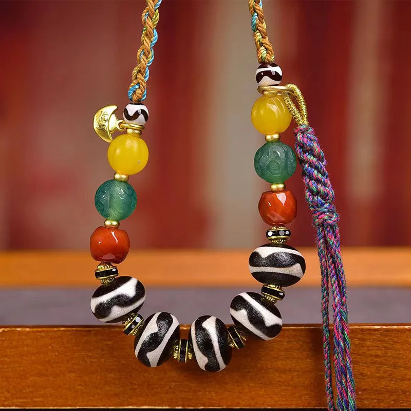 Natural Agate Tiger Tooth Dzi Sweater Chain, Adjustable Tibetan Buddhist Bead Ethnic Style Handmade Woven Rope Neckla