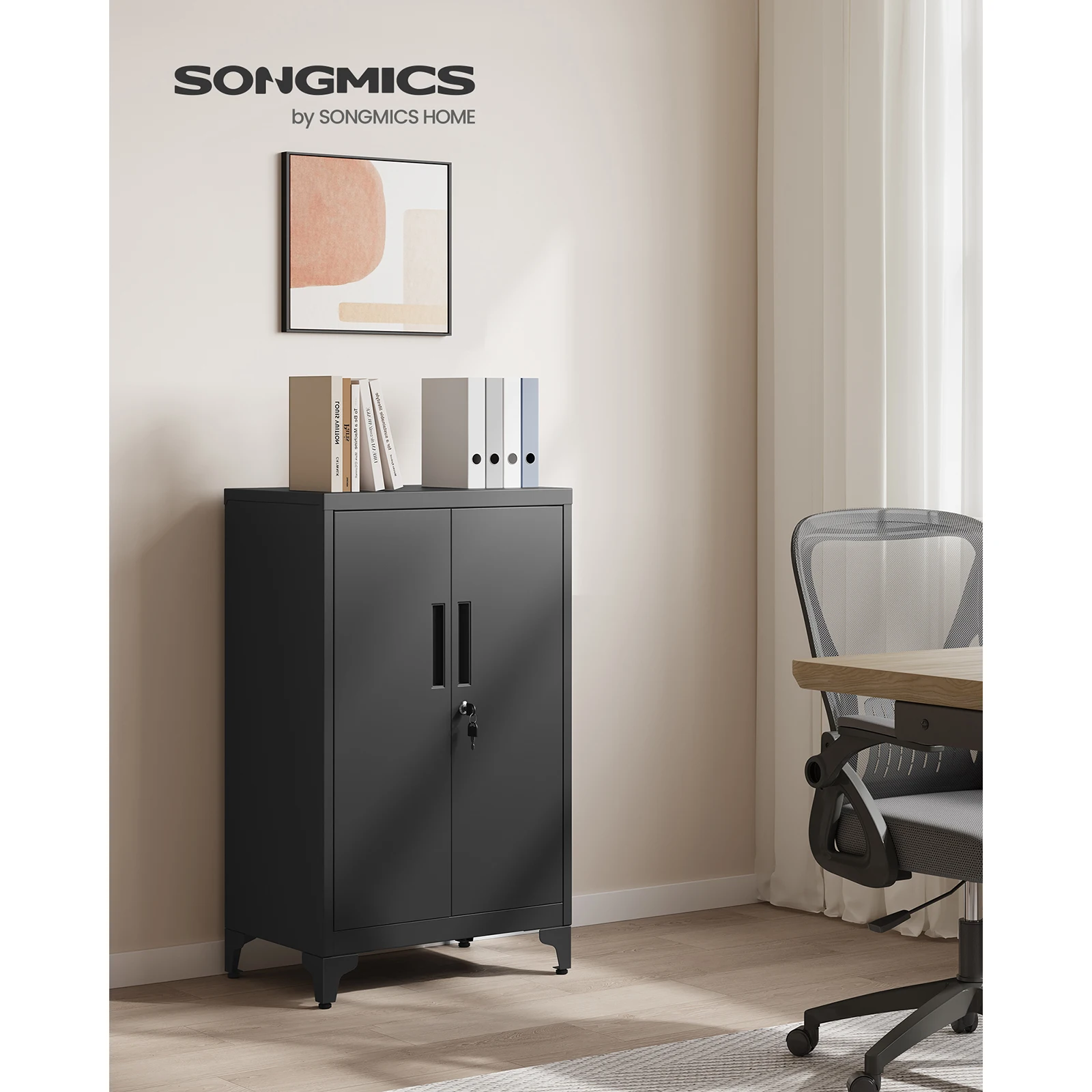 SONGMICS 2-Door Steel File Cabinet: Multipurpose Garage & Office Storage, Lockable, Deep Shelves, Study, Living Room, Ink Black.