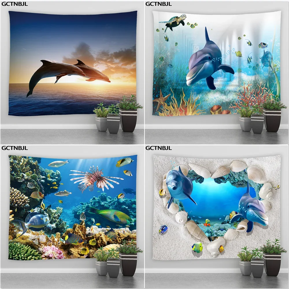 Dolphin Tapestry Underwater World Landscape Kids Bedroom Living Room Party Background Wall Hanging Hippie Ocean Decor Tapestries