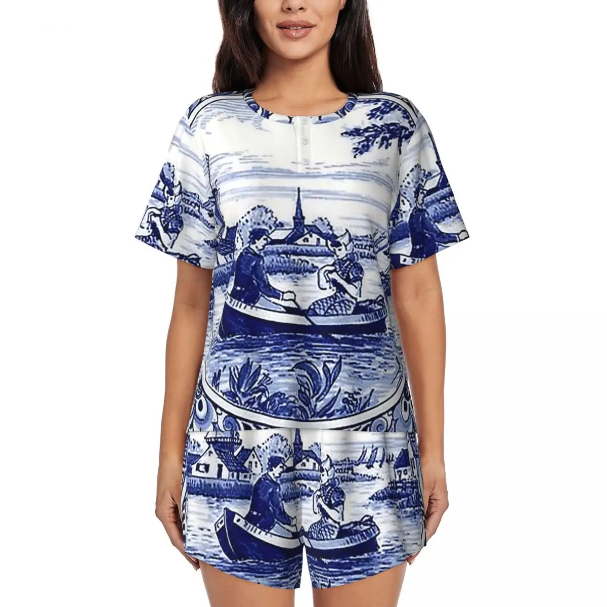

Dutch Blue Delft Windmill Church And Sailboats Round Neck Short Sleeves Nightdress for Sleepshirts Women Pajama Set Short Pants