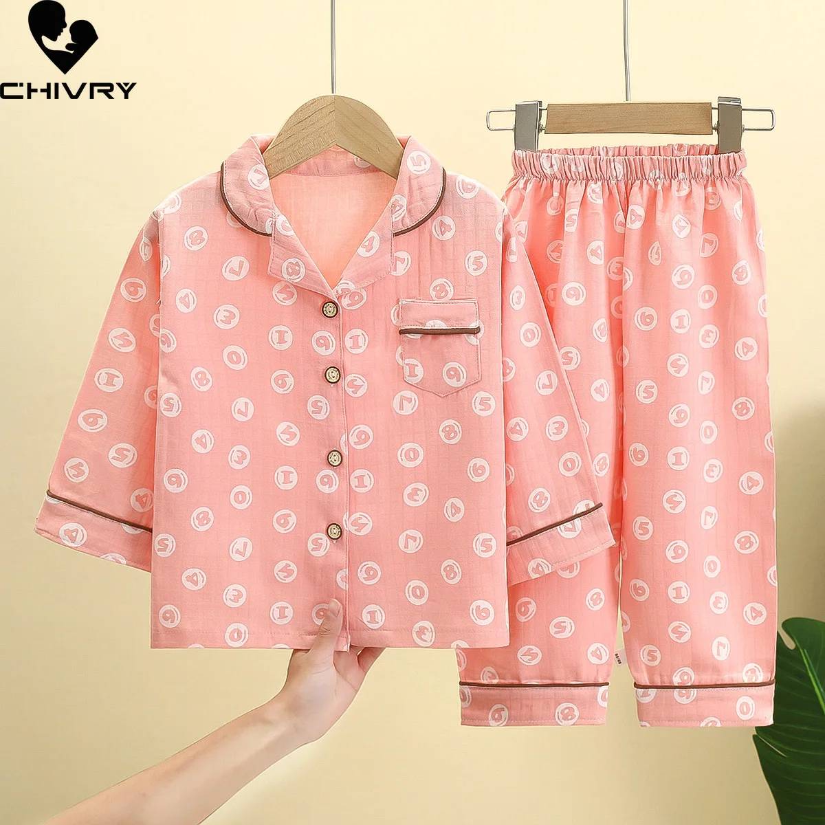 New 2022 Kids Boys Girls Pajamas Casual Cartoon Long Sleeve Lapel Shirt Tops with Pants Baby Summer Loose Sleeping Clothing Sets