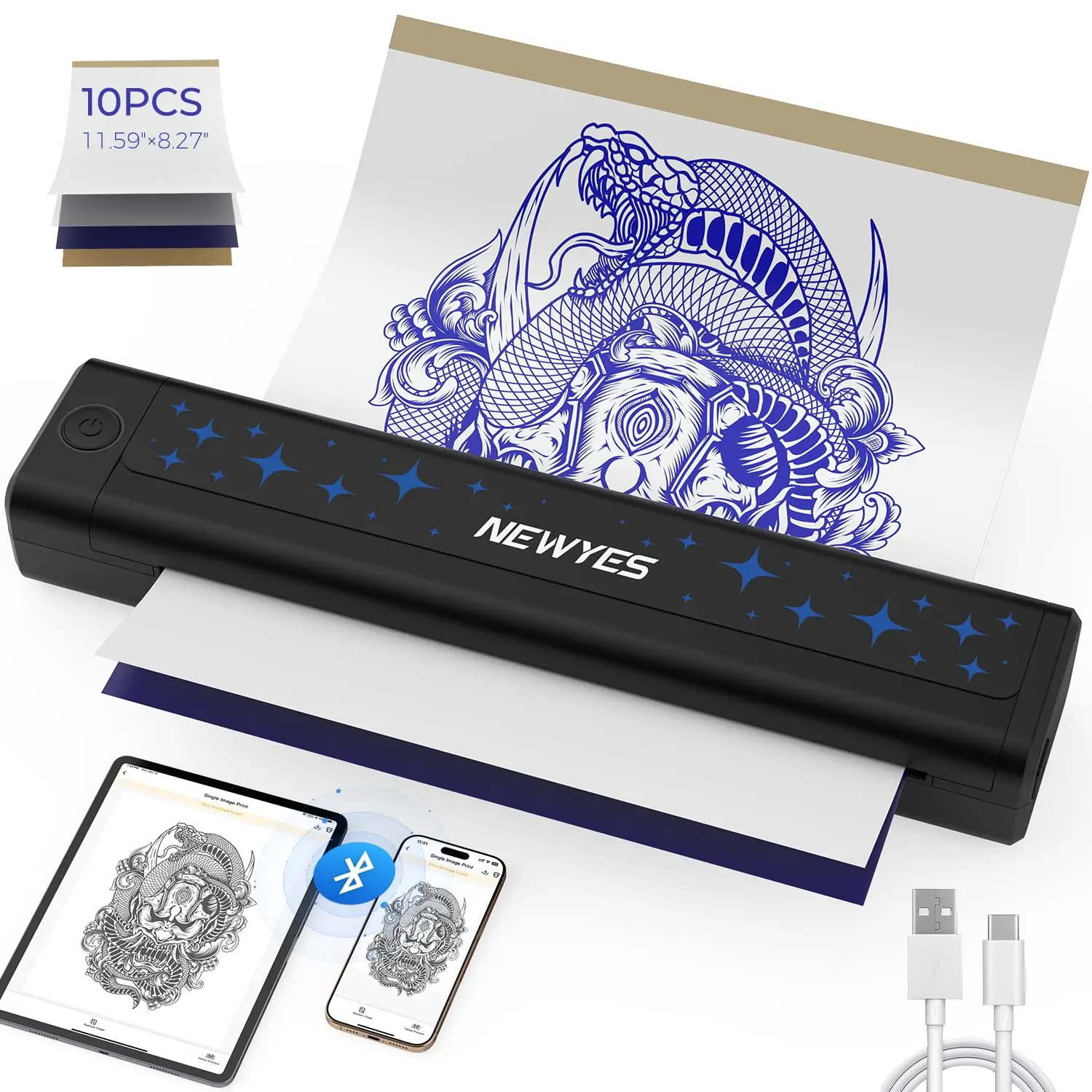

Wireless Portable Tattoo Printer Kit with Matte Effect, Compatible with Phone, Pad, PC for Artists & Beginners