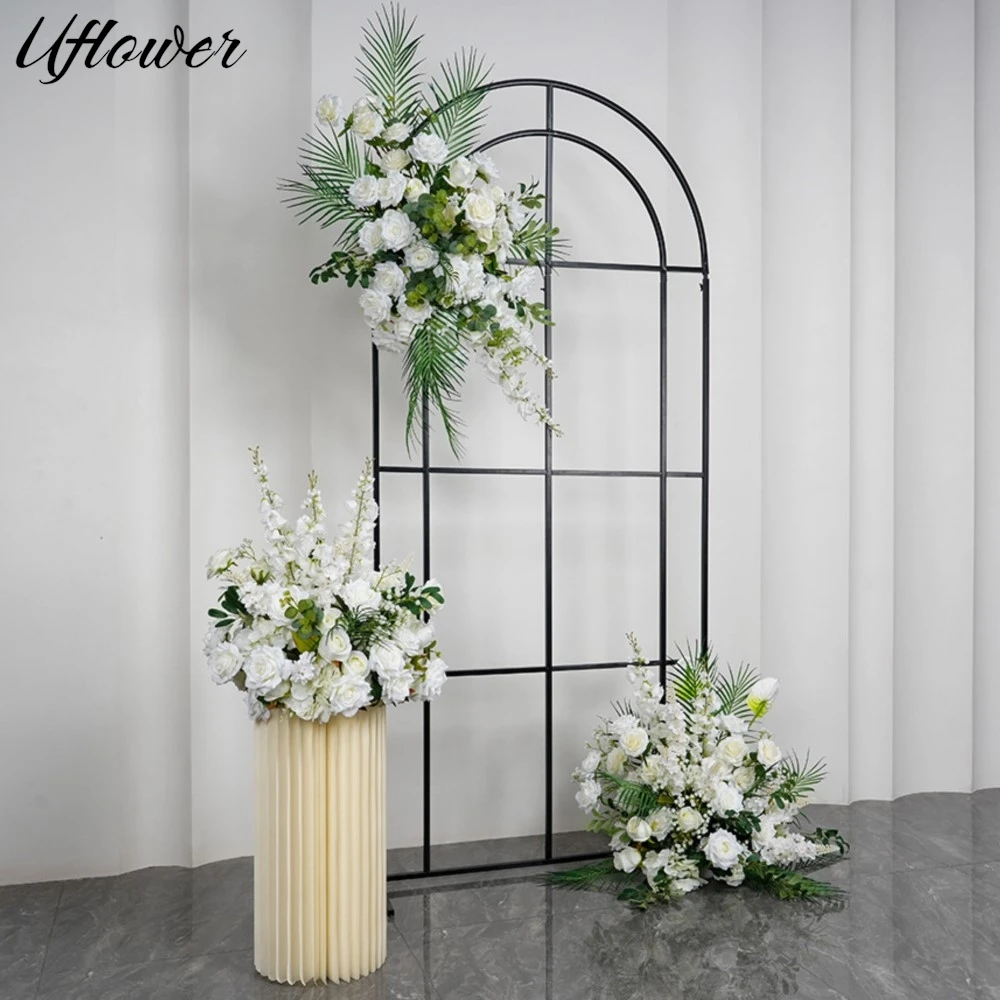 

Uflower White Rose Green Leaf Artificial Flower Row Corner Flower Wedding Backdrop Wall Hanging Party Centerpiece Table Decor