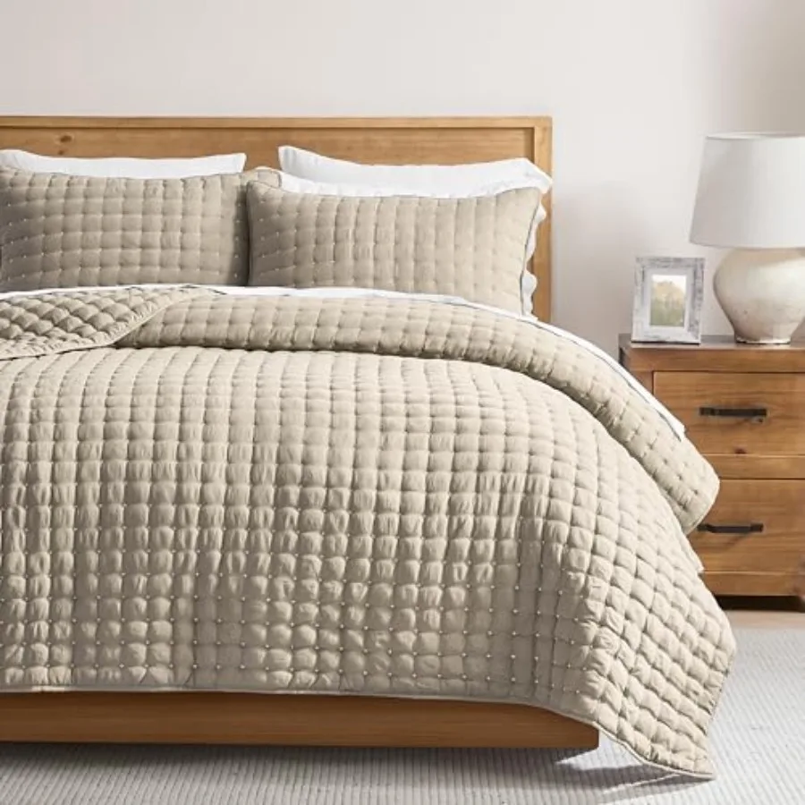 

Beige Size Quilt Bedding Sets with Pillow Shams, Tan Cream Lightweight Bedspread Coverlet, Quilted Blanket Thin Comforter Bed C