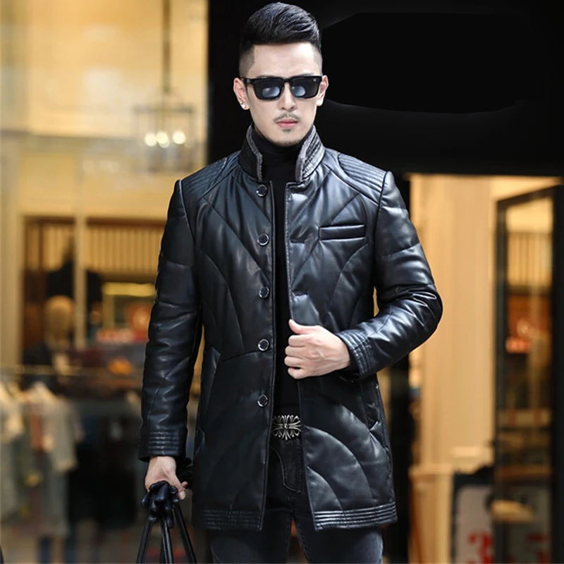 Leather Jacket Men Winter Medium Length Plush Fur Stand Collar Sheepskin Down Jacket Men Genuine Puffer Jacket Coat Trench Man