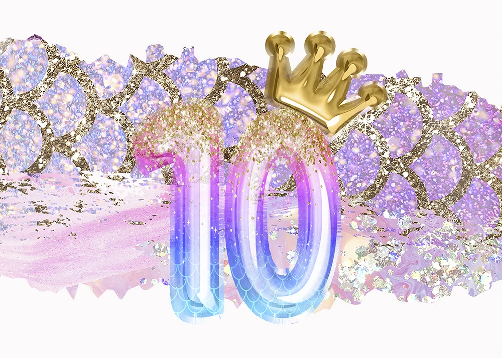 خلفيات لحفلات أعياد الميلاد للفتيات خلفيات 10th حورية البحر باستيل الوردي راية بالونات بريق الأميرة 10 سنوات من العمر