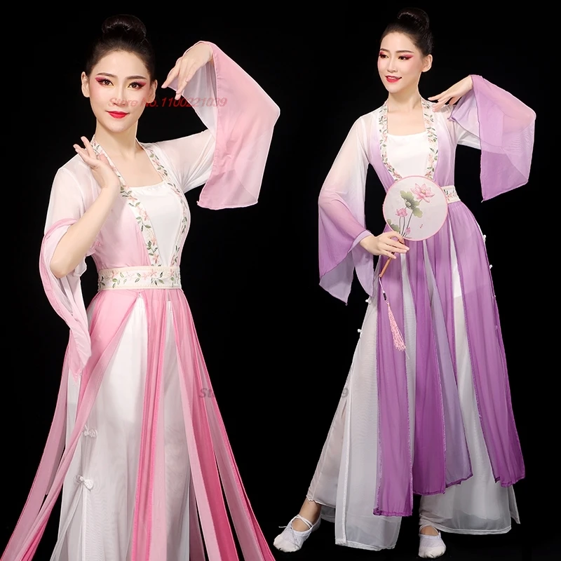 

2026 традиционное китайское платье ханьфу, ретро костюм для народного танца, ретро сценическое платье, градиентное цветное шифоновое танцевальное платье