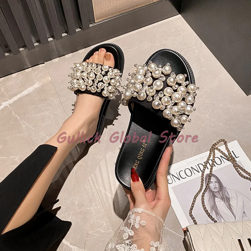 Elegant Women Slides Round Toe Shallow Pearl Decoration Flat Slippers Summer Casual Dress Cosy Grace Women Shoes Breathable