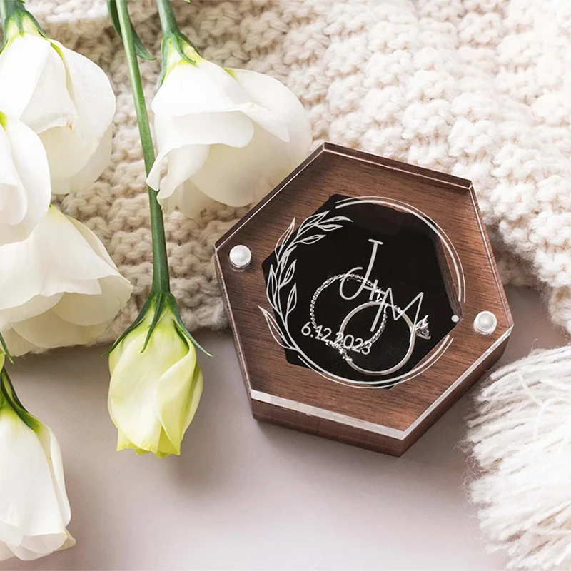 

Personalized Engraved Wedding Ring Box with Clear Acrylic Lid and Wooden Base, Wedding Ring Holder, Anniversary Gift for Her