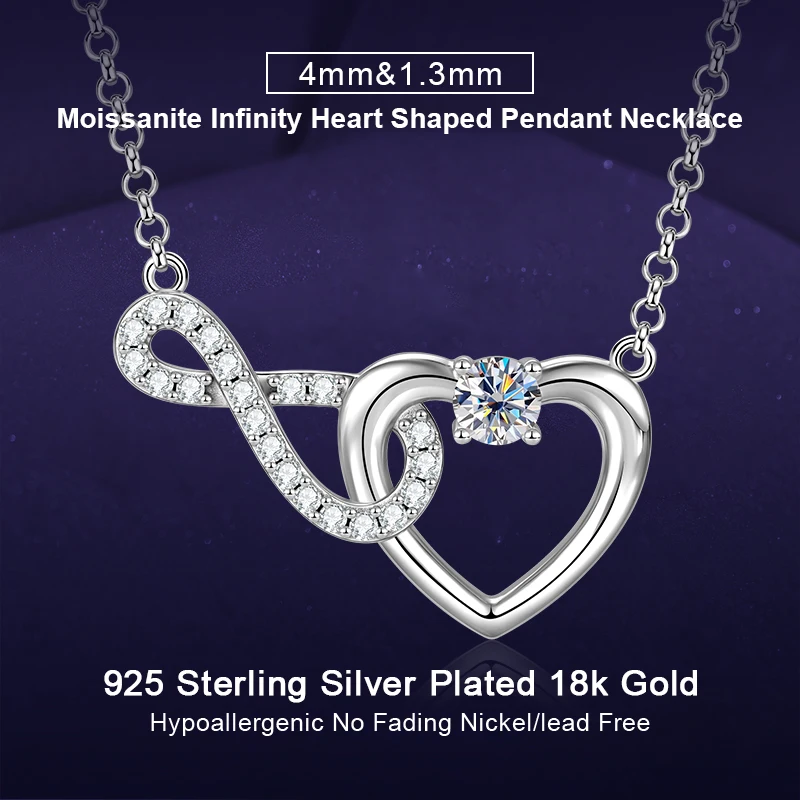 IOGOU 4mm&1.3mm Infinity Heart Shaped All Moissanite Pendant Necklace for Women Real 925 Silver Wedding Love Jewelry Party Gift
