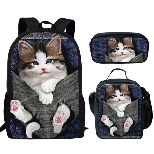 2026 Harajuku Cute Cat Pattern 3pcs/Set Backpack 3D Print School Student Bookbag Travel Laptop Daypack Shoulder Bag Pencil Case