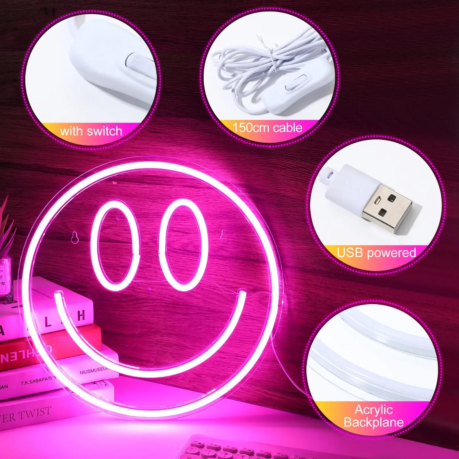 Smile Face Neon Sign LED Neon Light Wall Decor Smiley Face Light Up Signs USB Powered Yellow Neon Signs for Bedroom Pink  By