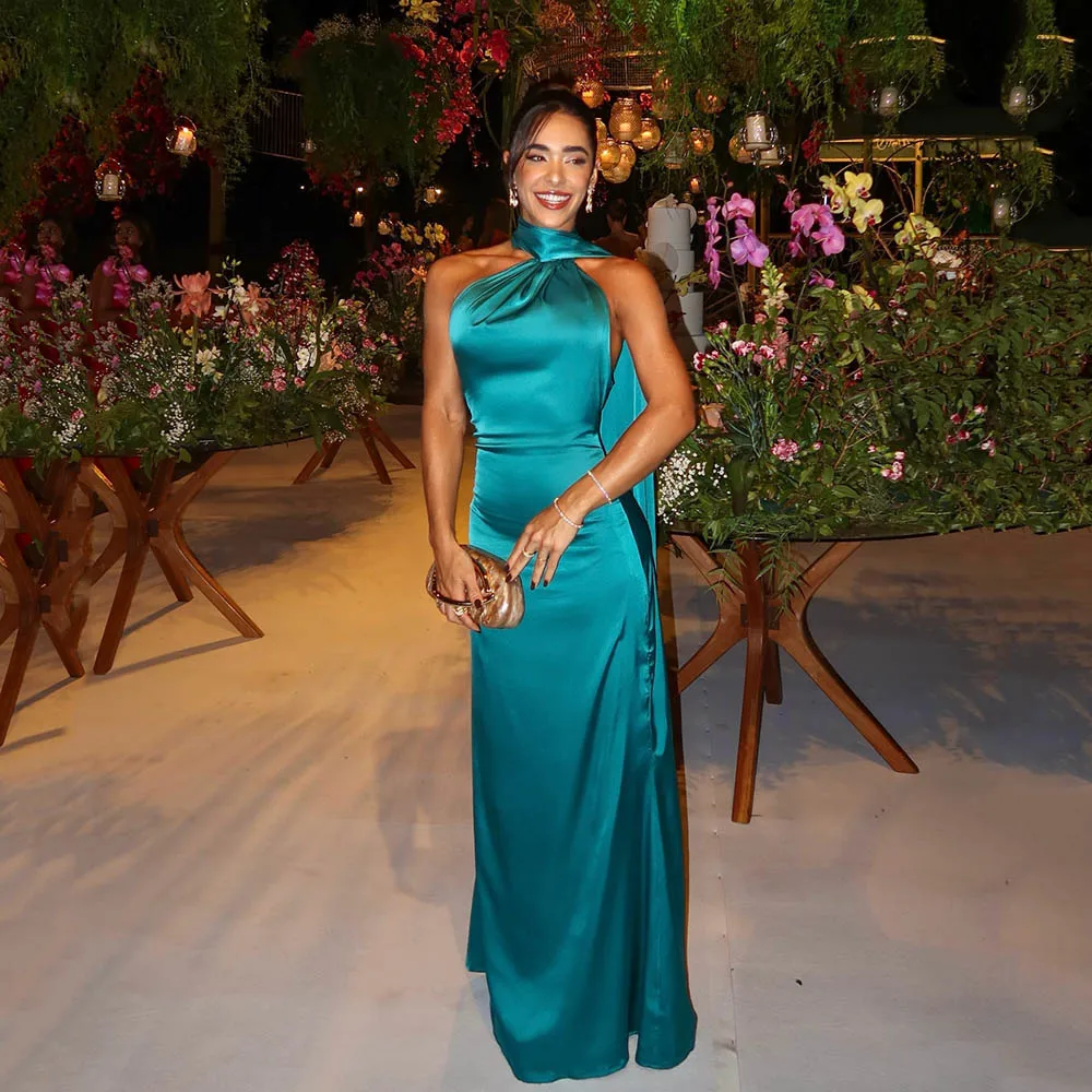 Msikoods cetim halter vestido de noite 2025 elegante sem costas alta fenda longo vestido de baile sem mangas sexy vestido de festa mulher personalizado