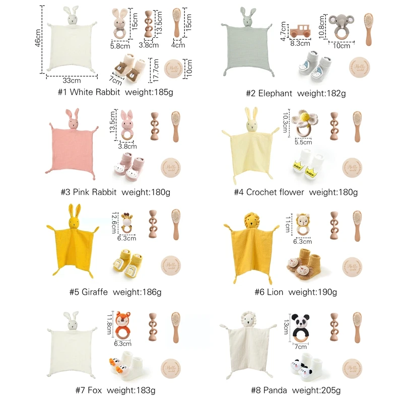 Conjunto de presente do bebê recém-nascido infantil toalha de banho recém-nascido brinquedo babar toalha chocalho de madeira crescimento marco lã escova meias do bebê
