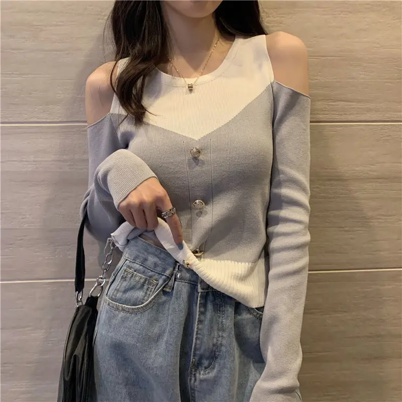 Off Shoulder Contrast Short Pullovers Top Spring Autumn Hollow Out Slim Patchwork Trend Sweaters Korean Fashion Women Clothing