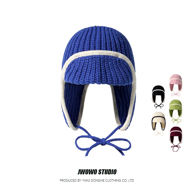 

Ins модные вязаные шапки пилота контрастного цвета для женщин, осенне-зимние теплые шапочки для путешествий, защита ушей, универсальные шапочки с ремешком