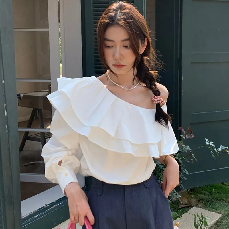 

Retro Summer Long Sve Loose irt Chic Asymmetrical oulder Splicing Double Layer Lace Trim Top for Young Women