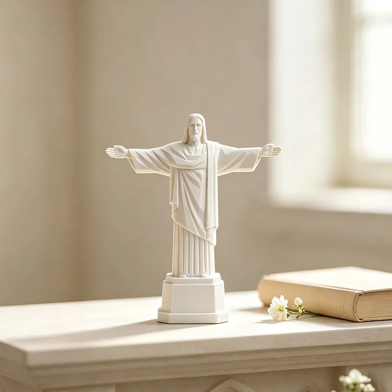 Christ The Redeemer 3D Printed Statue Geometric White Jesus Figurine Mini Sculpture Desktop Ornament Faith Decor
