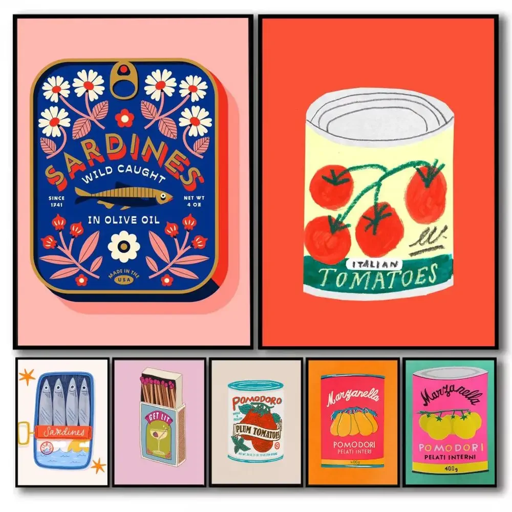 Póster de tomate y sardina con flor de cerezo rosa, pegatina autoadhesiva perfecta para decoración artística de pared de cine en casa y oficina, regalo elegante