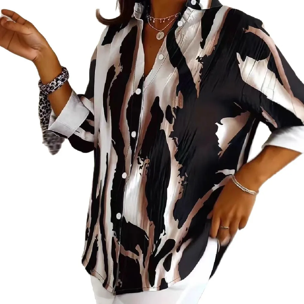 

Digital Print Shirt V-Neck Oversized Loose Shirt Floral Pattern Casual Print Shirts Three Quarter Sleeve Commuter Work Shirt