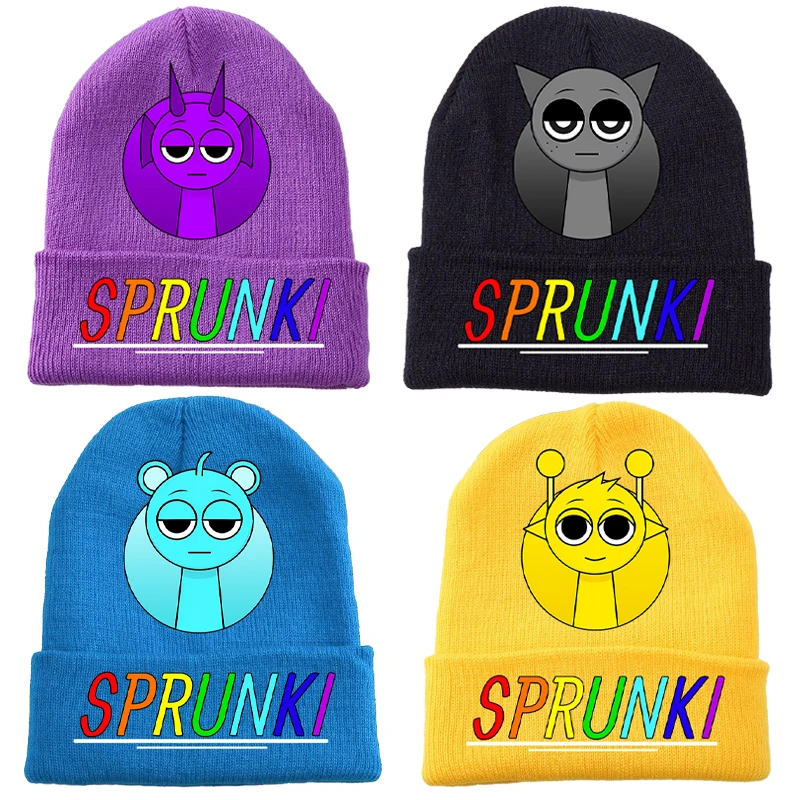 New Sprunki Kids Knitted Hats Cartoon Game Figure Printed Knitted Cap Boys Winter Outdoors Warm Wool Caps Children Birthday Gift