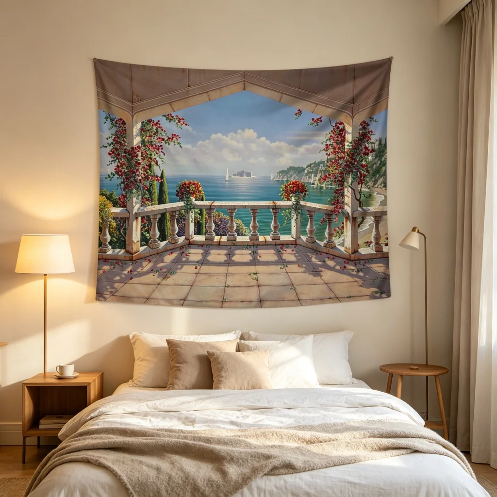 1PC Balcony Ocean View Print Backdrop Banner, Bedroom Living Room Photo Background, Polyester Wall Hanging, Home Decor, Wall Art