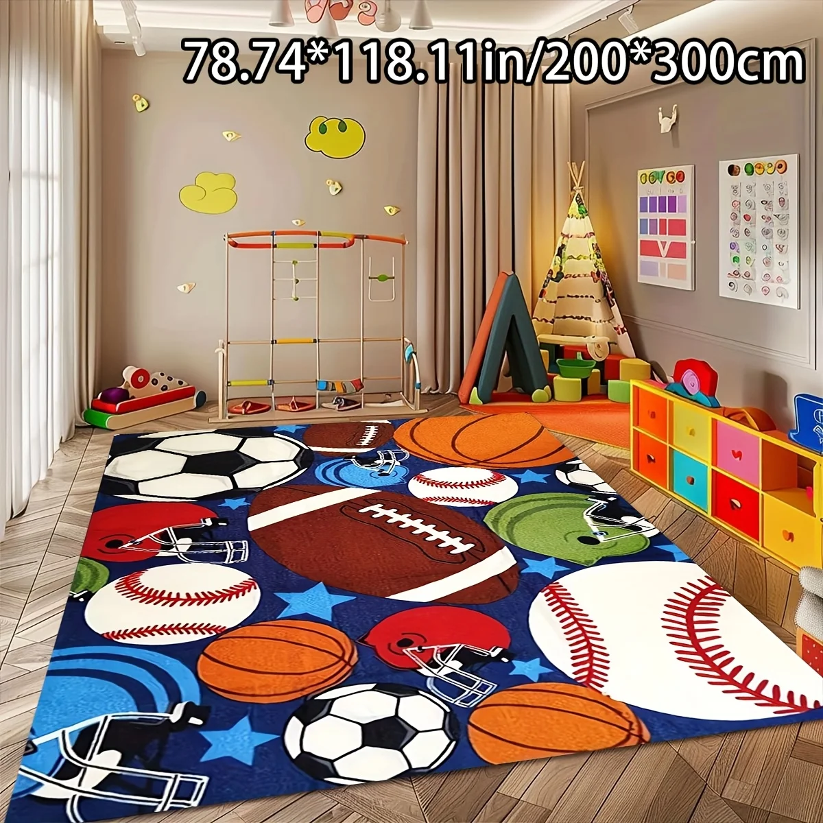 VIKAMA Kids Sports Ball Area Rug,Non‑Slip Mat,Football Basketball Soccer Baseball Print Carpet for Boys Bedroom Playroom Decor