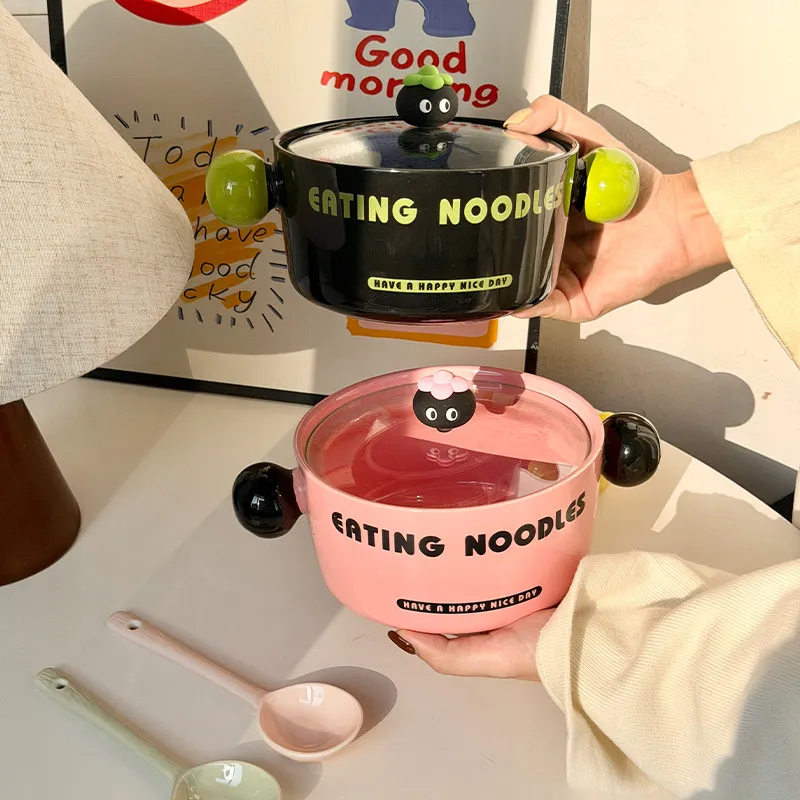 Cute Cartoon Noodle Bowl with Double Handles Ins Style Large Capacity Soup Bowls 2026 New Letter Ceramic Ramen Bowls