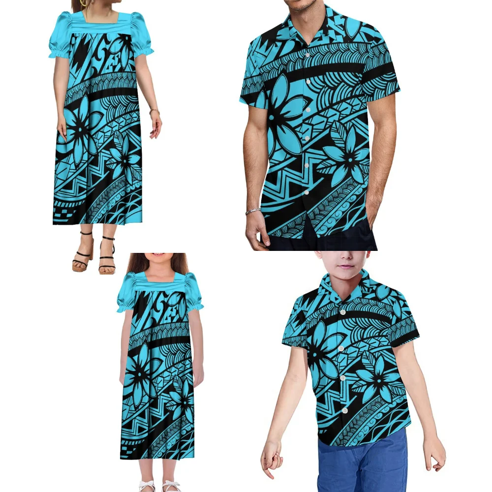 Polynesian Turtle Hibiscus Flower Woman Girl Mumu Blue Dress Man Boy Shirt Island Dress Samoa Hawaiian Casual Family Party Dress