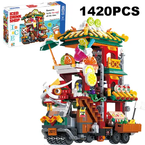 창의적인 Moc 차량 얼음 마시는 상점 빌딩 블록, 거리 전망, 중국 스타일 상점 모델, 브릭 장난감, 어린이 성인 소녀 선물