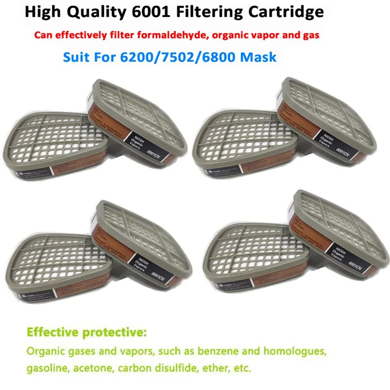 Organic Vapor 6001 Respirator Cartridge with 5N11 Cotton Filter & 501 Retainer Set, Replacement Accessories Compatible with 3M 6