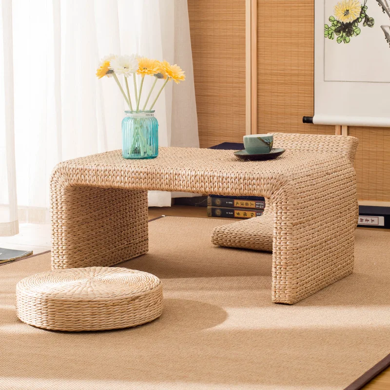 Japanese Tatami Tea Table Handwoven Rattan Floor Desk for Homestay Minimalist Bay Window Coffee Table Zen Style Low Sofa Tables