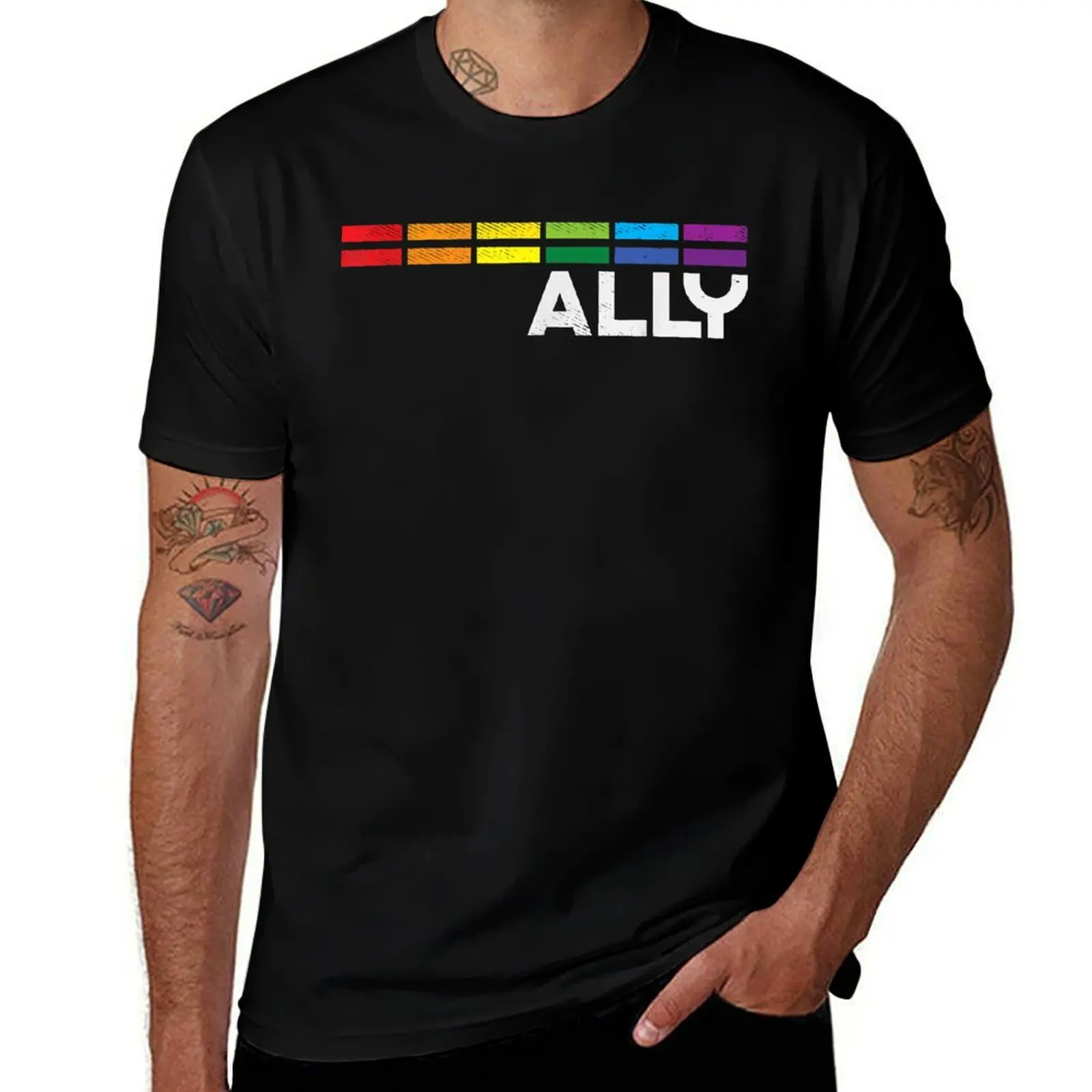 

Proud Ally Bars Equality LGBTQ Rainbow Flag Gay Pride Ally T-Shirt shirts graphic tee plus size tops vintage t shirt men
