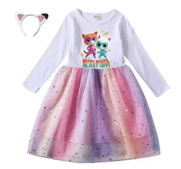 2-10 Jaar Cartoon Superkitties Kostuum Baby Meisjes Casual Jurken Kids Lange Mouwen Jurk Met Hoofddeksels Kinderen Prinses Vestidos