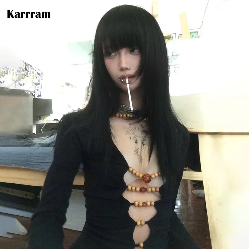 Karrram Japanese Y2k Hollow Out Tops Vintage Harajuku Beaded T Shirt 2000s Aesthetics Long Sleeve Slim T-shirts American Retro