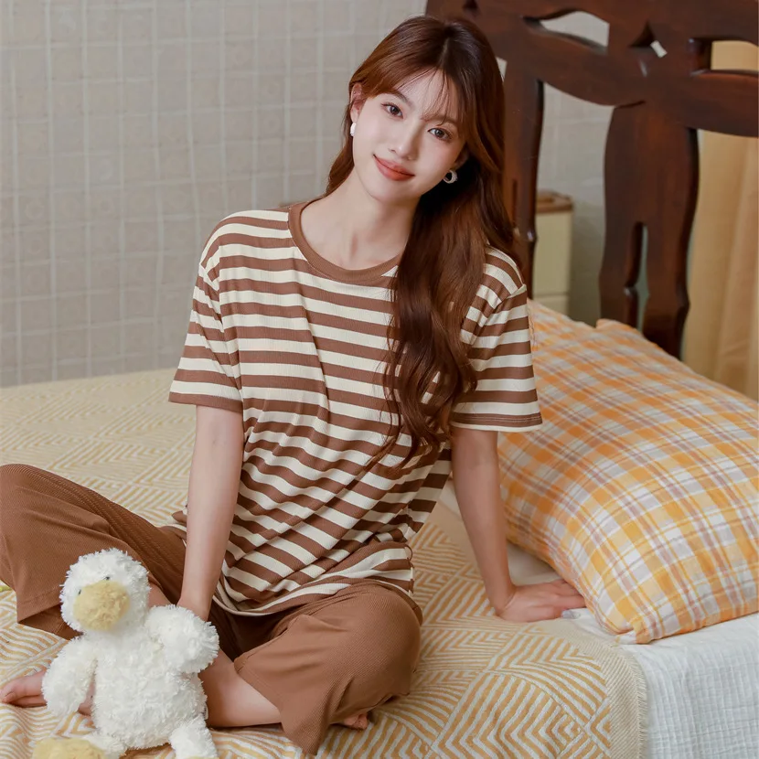

Korean Pajamas Set Fashion Striped Modal Short Sleeve Capri Pants Suit Women Sleepwear Nightwear Pyjama Femme Homewear Sets