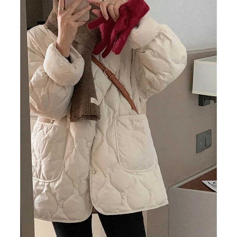 HELIAR Women Thickened Warm Lambswool Parkas Long Sleeve Office Cotton-padded Jacket Zipper Solid Casual Jacket Autumn Winter