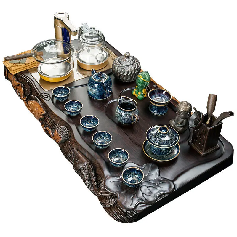 Tea sets: simple household ebony solid wood edge-carved tea tray and tea stand