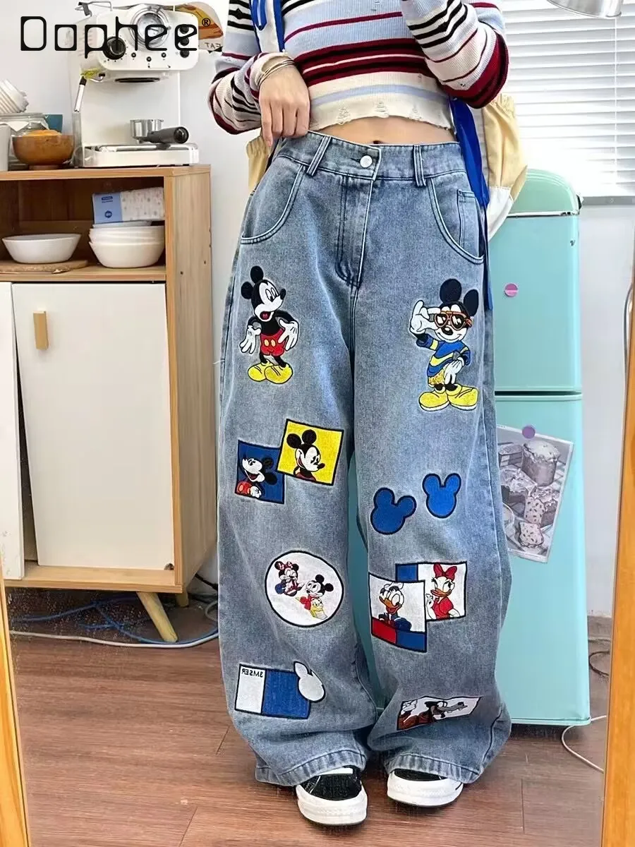 

Retro College Style Cartoon Printed Wide-Leg Pants 2024 Spring Autumn Japanese Style Jeans Wide Leg Jeans Female Student