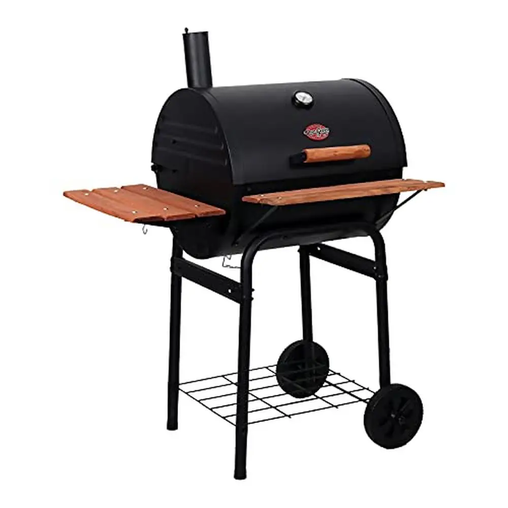 Wrangler® Charcoal BBQ Grill Premium Barrel Style Smoker with Large Cooking Area Heavy-Duty Construction and Multiple Storage