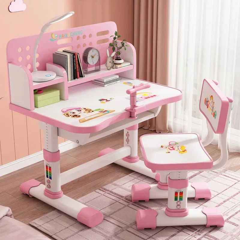 AOLIVIYA Study Table Children's Writing Desk Bookshelf Combination Integrated Table Liftable Student Homework Desk and Chair Set