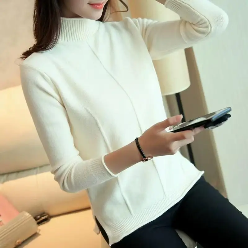 

Loose Knitted ort Sweater Women's f High Collar Thi Warm Inner Wear Pure Color Autumn Winter New Arrival Casual Sle