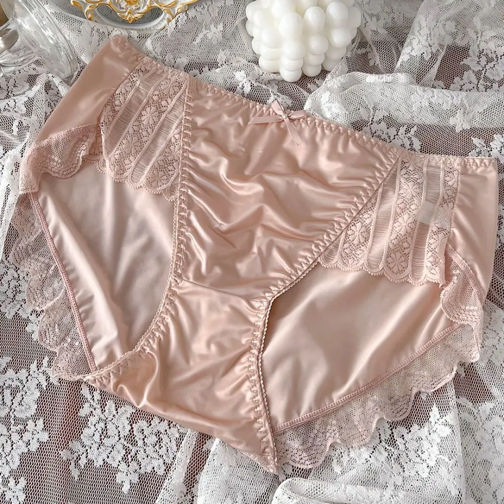 

Breathable Lightweight Ice Silk Underwear Soft Smooth Lace Panties Embroidery Satin Ruffle Panties Women