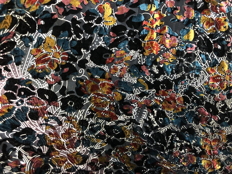 

High Quality Real Silk Gold Velvet Fabric Black Background White Totem Multicolor Cutout Etched-out Dress Cloth